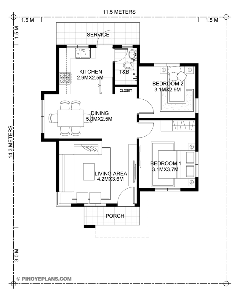 Katrina - Stylish Two Bedroom House Plan | Pinoy ePlans
